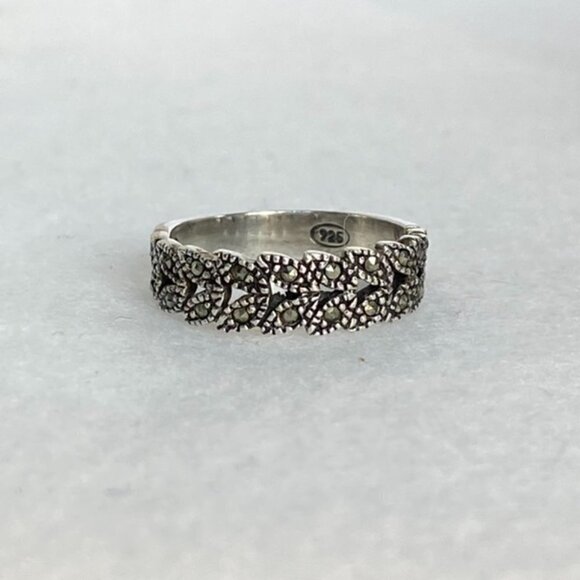 Sterling Silver 925 5mm Floral Leaf Marcasite Openwork Pierced Band Ring Sz 5.75 - Picture 7 of 16
